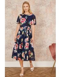 Yumi' - Mesh Floral Print Midi Dress With Angel Sleeves - Lyst