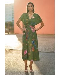 Yumi' - Bird And Floral Print Ruched Waist Kimono Midi Dress - Lyst