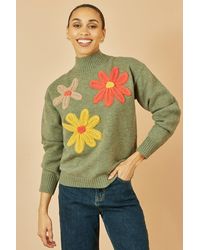 Yumi' - Knitted High Neck Jumper With Applique Flowers - Lyst