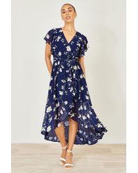 Yumi' - Floral Wrap Midi Dress With Frill Hem - Lyst
