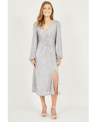 Yumi' - Sequin Ruched Front Long Sleeve Midi Dress - Lyst