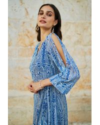Yumi' - Paisley Dipped Hemline Midi Dress With Open Long Sleeves - Lyst