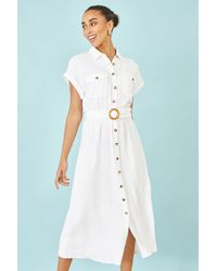 Yumi' - Viscose Linen Look Midi Shirt Dress With Wooden Belt - Lyst