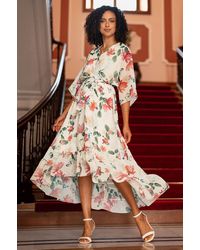 Yumi' - Floral Print Wrap Midi Dress With Dipped Hem - Lyst