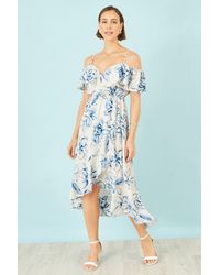 Yumi' - Ivory Floral Print Bardot Midi Dress With Dip Hem - Lyst