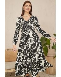 Yumi' - Abstract Print Ruched Midi Dress With Long Sleeves - Lyst