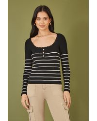 Yumi' - Stripe Rib Knitted Long Sleeve Top With Button Details - Lyst