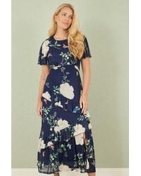 Yumi' - Mesh Bird And Floral Print Midi Dress With Ruffles - Lyst