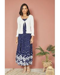 Yumi' - Ivory Tie Up Ribbed Cardigan With Frill Hem - Lyst