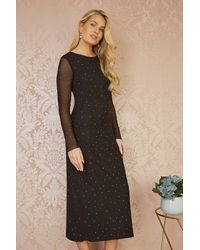 Yumi' - Mesh Bodycon Midi Dress With Tie Back And Diamantes - Lyst