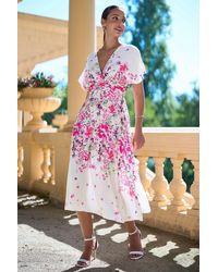Yumi' - Mirror Floral Print Ruched Waist Kimono Midi Dress - Lyst