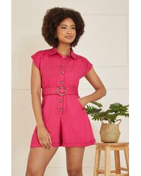 Yumi' - Cotton Twill Button Up Playsuit With Matching Belt - Lyst