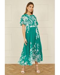 Yumi' - Mirror Floral Design Pleated Midi Dress - Lyst