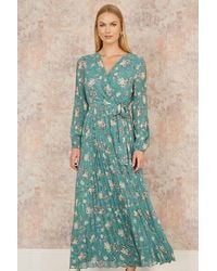 Yumi' - Floral Pleated Long Sleeve Wrap Over Midi Dress - Lyst