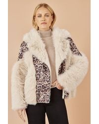 Yumi' - Cream Fur Biker Jacket With Leopard Print - Lyst
