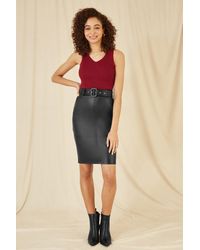 Yumi' - Faux Leather Midi Pencil Skirt With Matching Belt - Lyst
