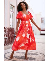 Yumi' - Viscose Floral Midi Dress With Puff Sleeves - Lyst