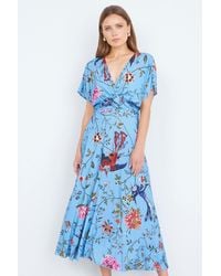 Yumi' - Viscose Bird And Floral Print Midi Dress With Ruched Waist - Lyst