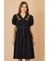 Yumi' - Long Sleeve Midi Dress With Floral Embroidery - Lyst