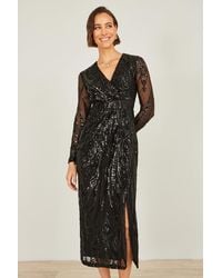 Yumi' - Sequin Midi Wrap Dress With Split Hemline And Long Sleeves - Lyst