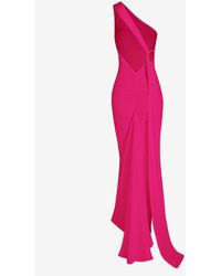 Zaful Maxi 's Sexy Elegant Backless Ruched Metal O-ring Decor One Shoulder Prom Evening Gown Train Maxi Dress - Pink