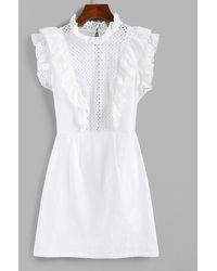 Zaful Mini Dress Eyelet Ruffle Neck Mini Dress - White