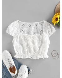 Zaful Blouses Broderie Anglaise Ruffle Bowknot Crop Blouse - White