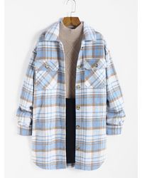 Zaful Plaid Pocket Belted Drop Shoulder Wool Blend Coat - Blue