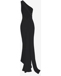 Zaful Maxi 's Sexy Elegant Backless Ruched Metal O-ring Decor One Shoulder Prom Evening Gown Train Maxi Dress - Black
