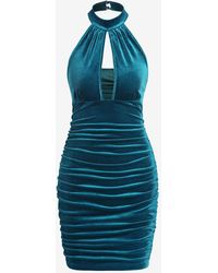 Zaful Mini Dress Halter Velour Cutout Ruched Bodycon Dress - Blue