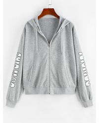 Zaful Fashion sport sweat à capuche graphique zippé avec poche à doublure en laine online shop - Gris