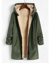 Zaful Winter Cotton Long Sleeves Corduroy Fleece Lined Pockets Hooded Slight Stretch Ribbed Cuffs And Hem Zipper Coat - Green
