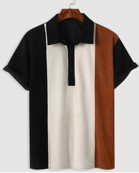 Zaful - Short Sleeves Half Button Colorblock Corduroy Collared T Shirt - Lyst