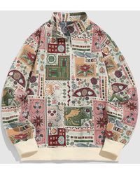 ZAFUL Men's Vintage Ethnic Style Figure Printed Jacquard Quarter Zip Mock  Neck Front Pocket Pullover Sweatshirt Jacket In LIGHT COFFEE