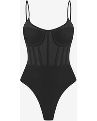 Zaful Bodysuits Mesh Panel Corset Detail Snap Crotch Bustier Bodysuit - Black