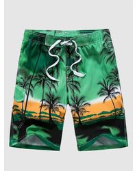Zaful Coconut Palm Tree Vacation Drawstring Hawaiian Board Shorts Xs Green - Blue