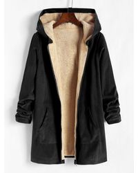 Zaful Winter Cotton Long Sleeves Corduroy Fleece Lined Pockets Hooded Slight Stretch Ribbed Cuffs And Hem Zipper Coat - Black