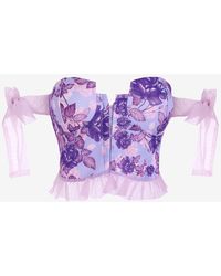 Zaful Top corset à imprimé fleuri à epaule dénudée à manches nouées à volants - Violet
