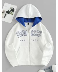 Zaful Fashion sport sweat-shirt à capuche motif graphique slogan brooklyn new york à doublure thermique online shop - Blanc