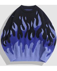 Zaful Men's Fire Flame Graphic Y2k Aesthetic Sweater - Blue