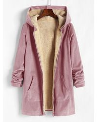 Zaful Winter Cotton Long Sleeves Corduroy Fleece Lined Pockets Hooded Slight Stretch Ribbed Cuffs And Hem Zipper Coat - Pink