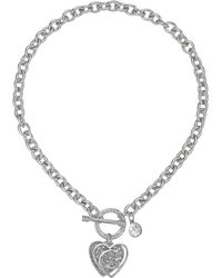 Guess Logo Overlay On Pave Heart Charm Toggle Front Necklace - Metallic