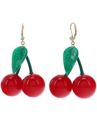 18K Gold Plated Fruit Earring 3D Green Leaf Red Cherry Charm Tassel Drop Stud Earrings 