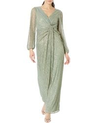 Adrianna Papell - Long Sleeve Crinkle Metallic Gown With Draped Waist Detail - Lyst