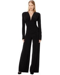 Norma Kamali - V-Neck Long Sleeve Shirred Waist Jumpsuit With Shoulder Pads Dress Pants Sm 4) Polyester/Spandex - Lyst