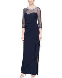Alex Evenings - Long Illusion 3/4'' Sleeve Side Ruched Dress W/ Embellished Neckline - Lyst