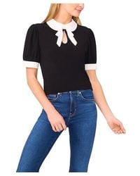 Cece - Puff Short Sleeve Contrast Collar Bow Top Clothing, Polyester/Spandex - Lyst
