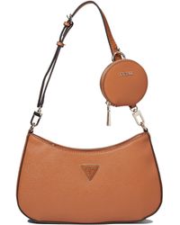 guess alexie top zip shoulder bag brown logo