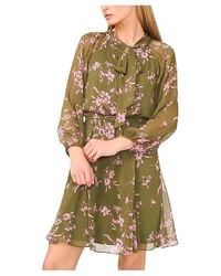 Cece - Long Sleeve Tie Neck Printed Dress Dress, Polyester - Lyst