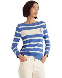 Lauren by Ralph Lauren Striped Cotton Boat Neck Sweater in Blue | Lyst